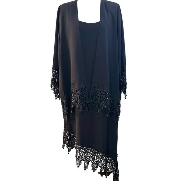 TINA DI MARTINA Black 2-piece Dress Jacket Crochet Lace Rhinestones Asymmetric - Picture 1 of 7